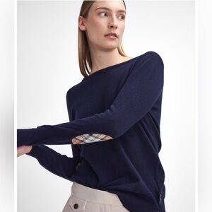 Barbour Blue Wool Sweater NWT Size 12 Plaid Elbow Patches Pendle Crew Knit